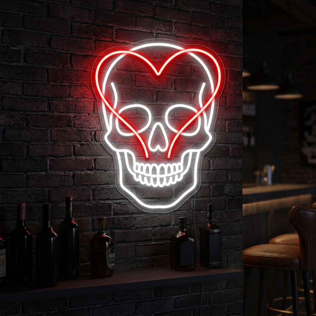 Skull Heart Neon Sign For Edgy Weddings