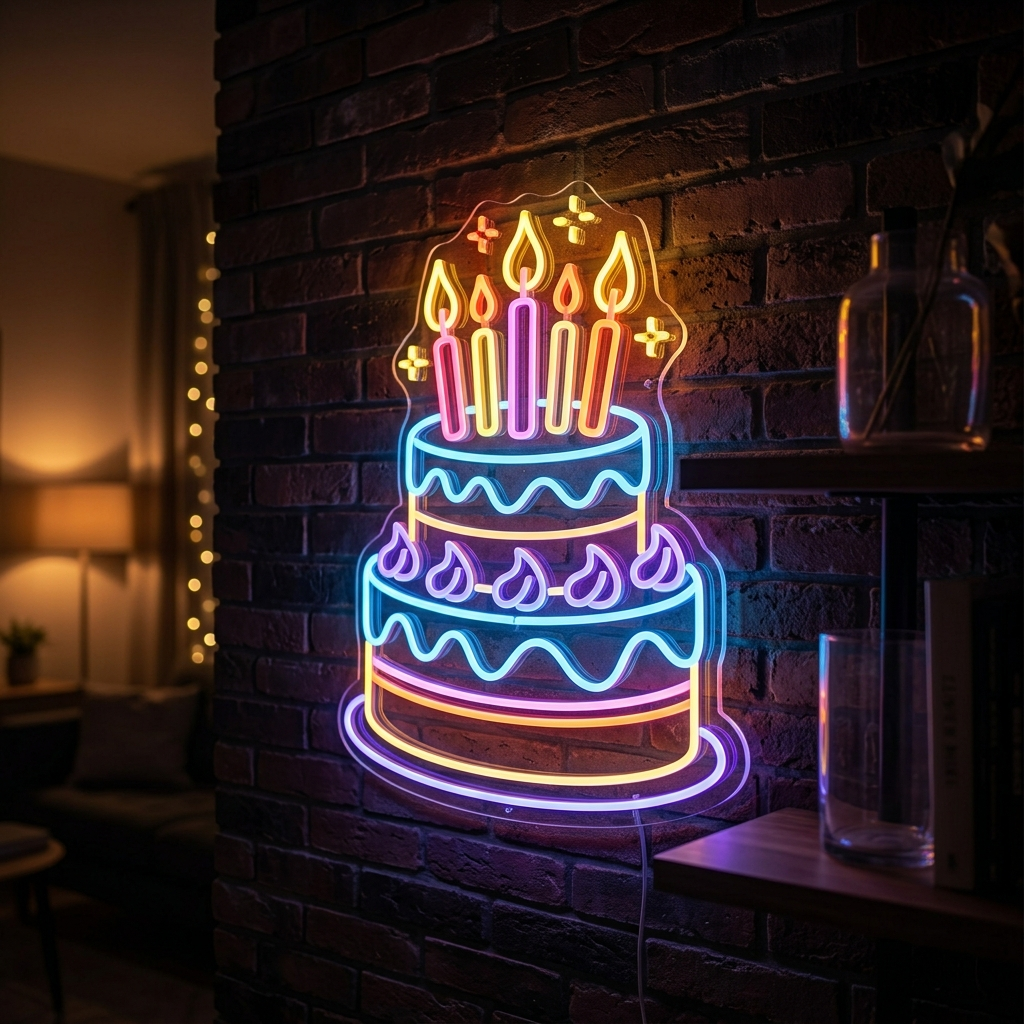 Birthday Cake Neon Icon For Celebrations