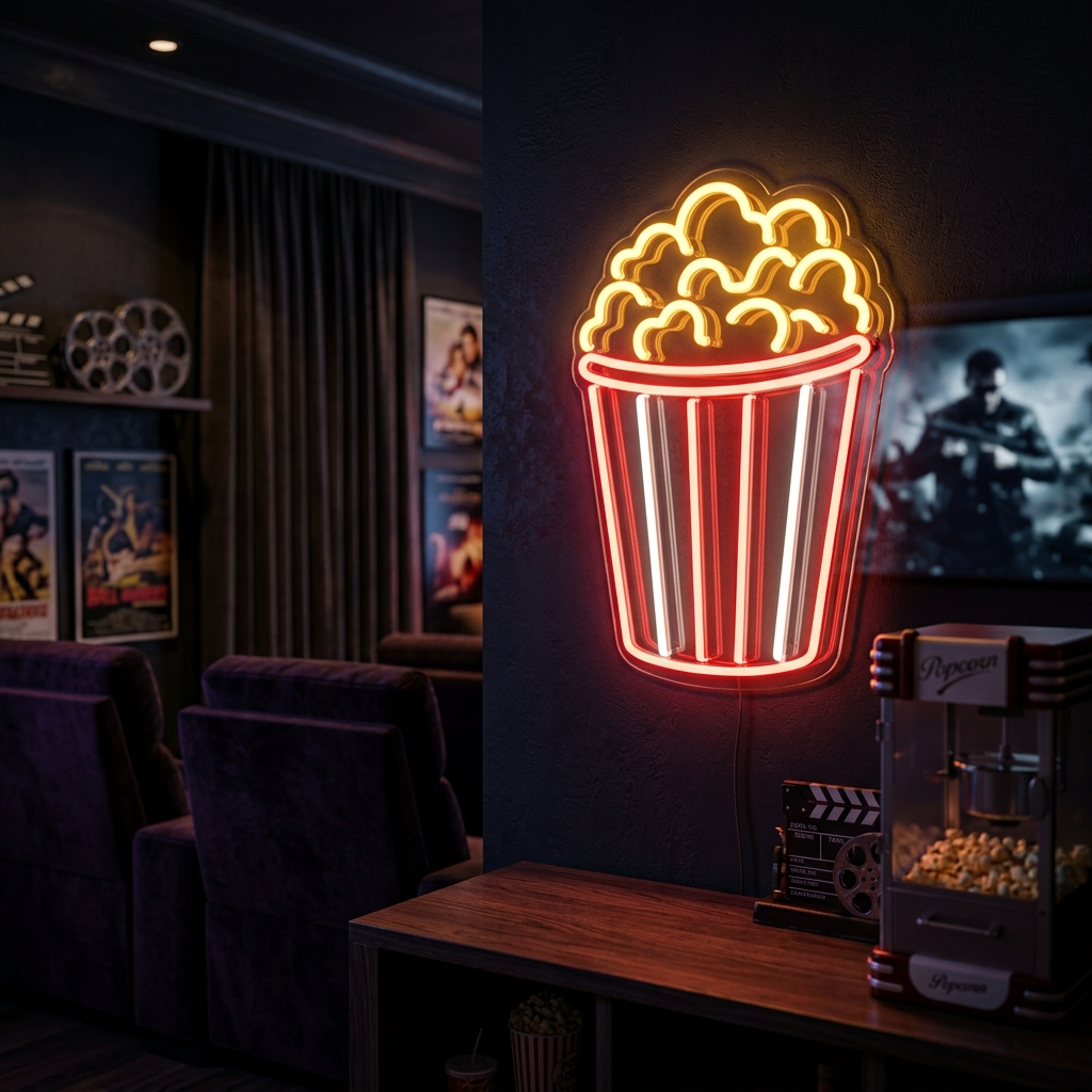 Cinematic Popcorn Bucket Neon Sign For Movie Lovers