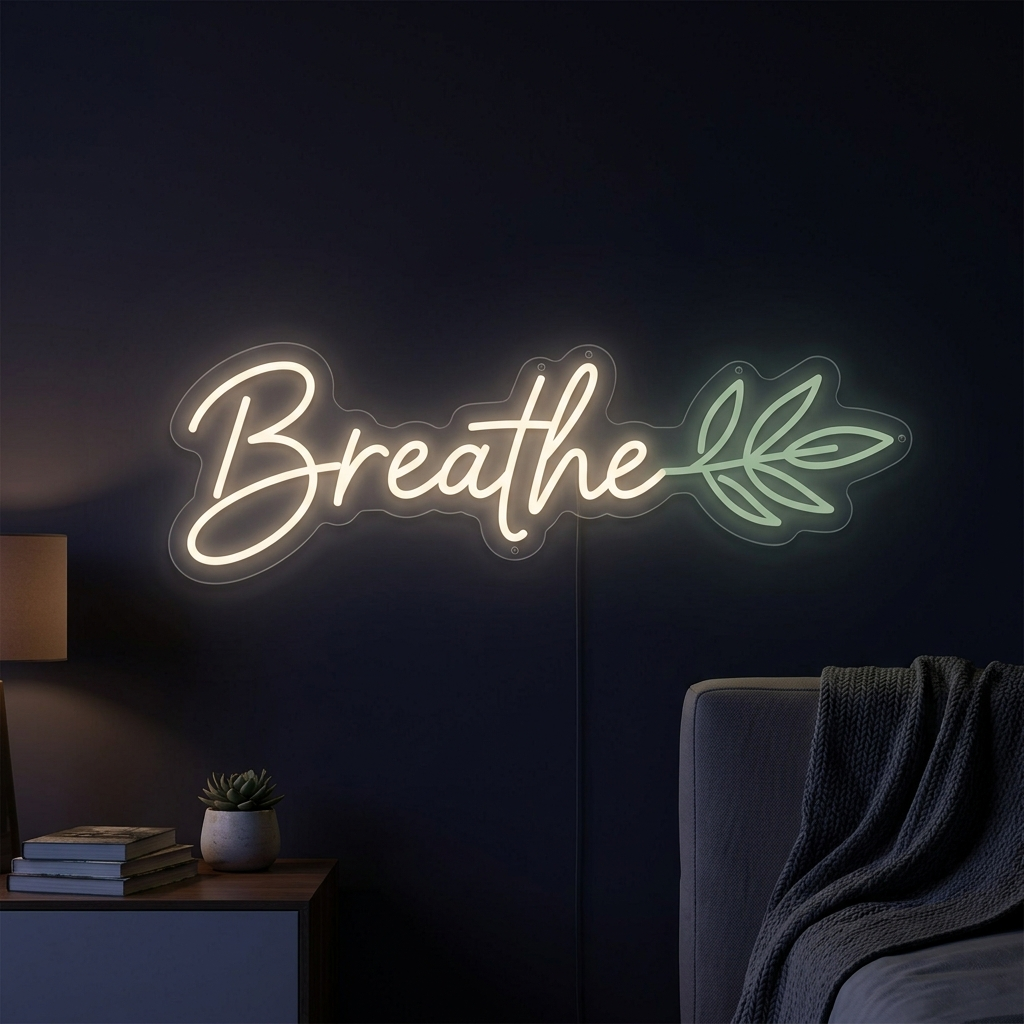 Breathe Minimal Aesthetic Neon Sign With Leaf Line Art
