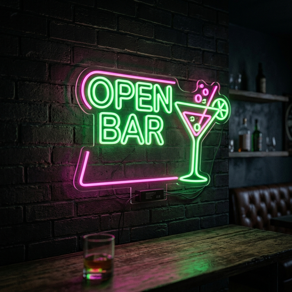 Open Bar Neon Sign With Cocktail Glass Design