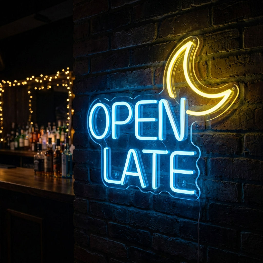 Open Late Neon Sign With Moon Graphic For Night Spots