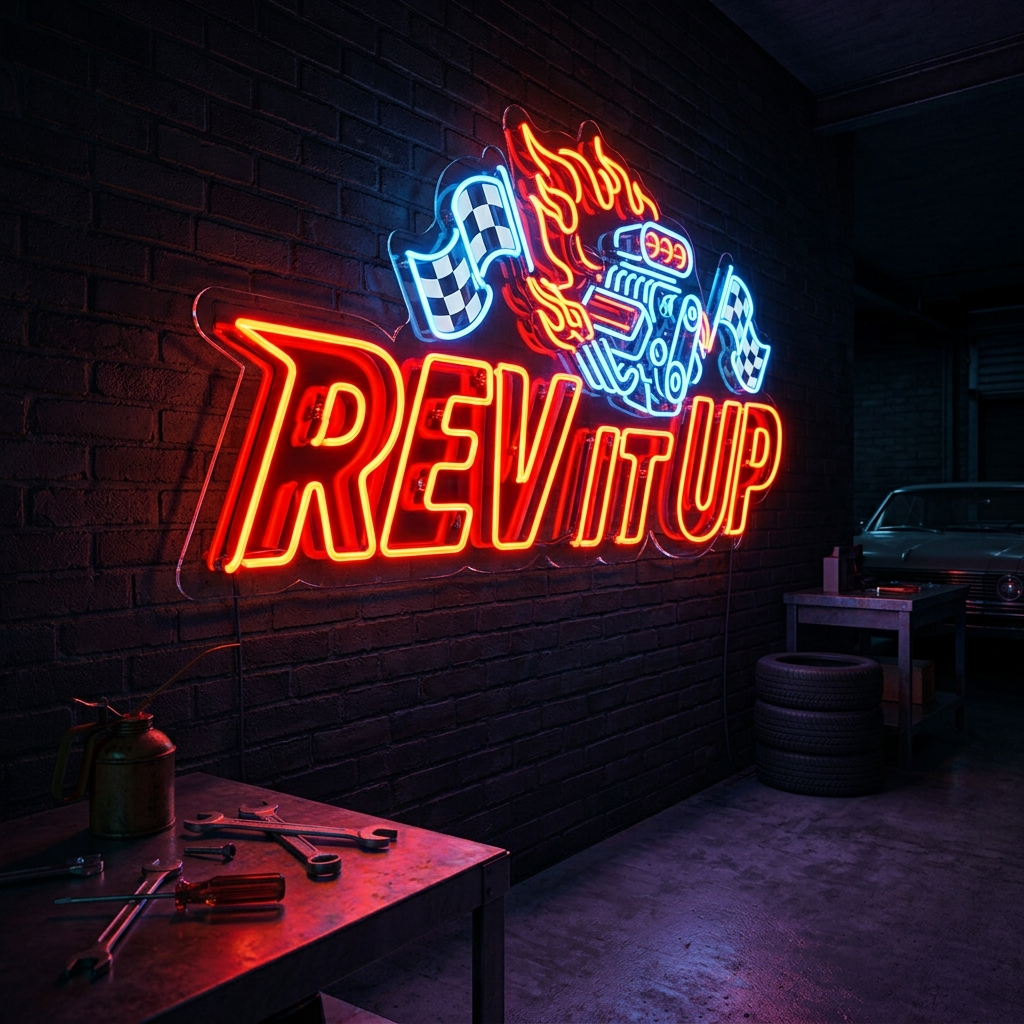 Rev It Up Neon Sign For Automotive Garage