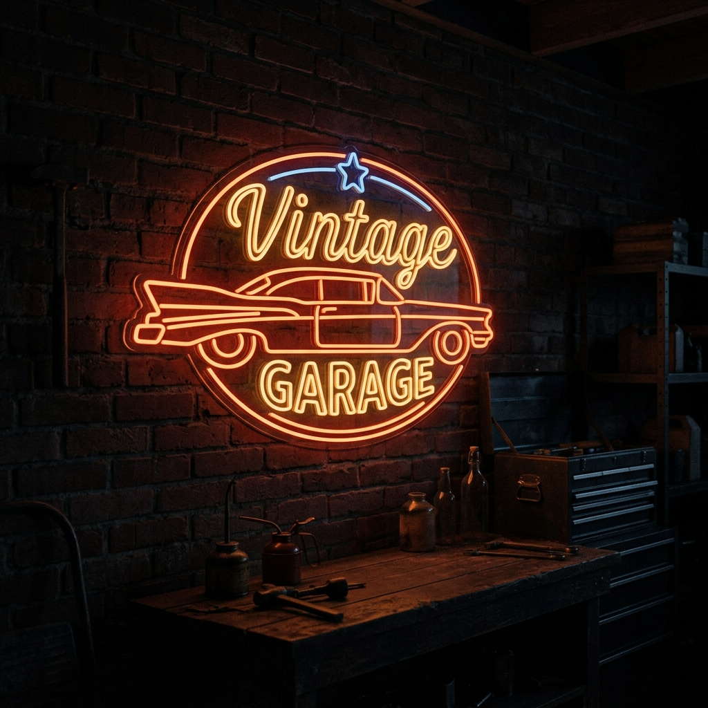 Vintage Garage Neon Sign With Classic Car Outline
