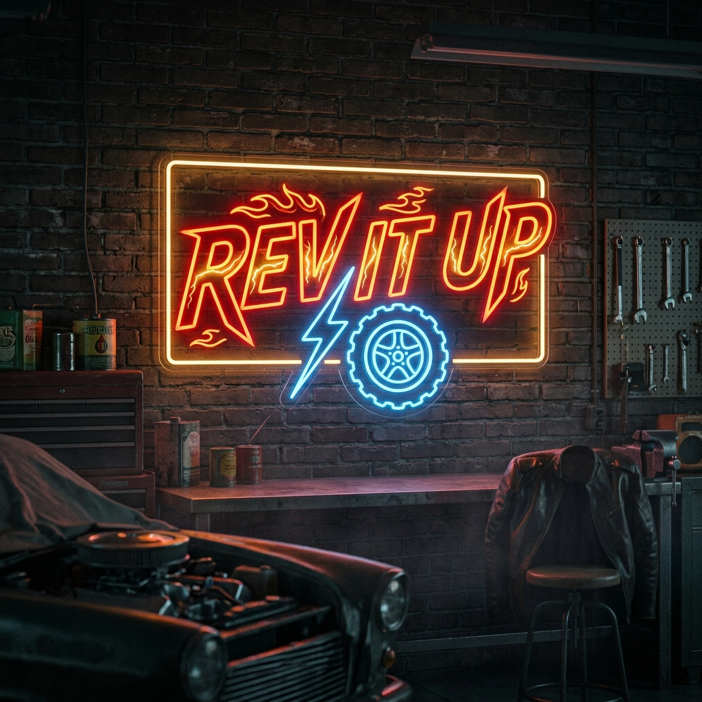Rev It Up Neon Sign For Automotive Garage
