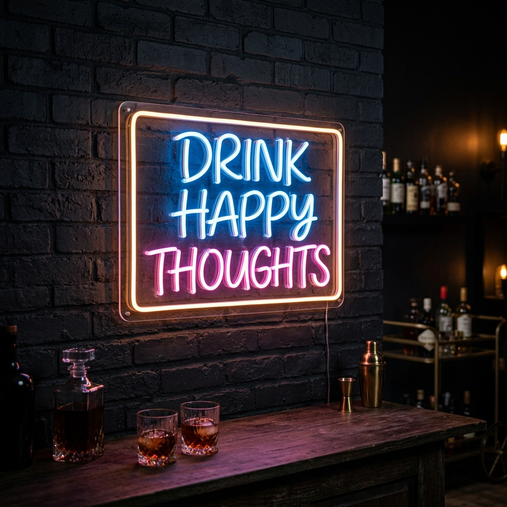 Drink Happy Thoughts Neon Sign For Home Bar Decor