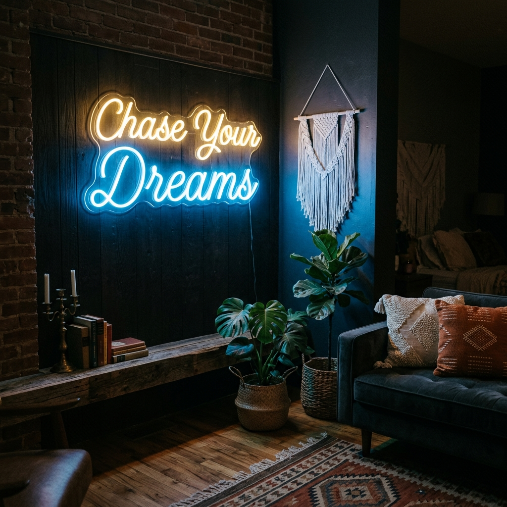 Chase Your Dreams Neon Sign For Boho Living Rooms