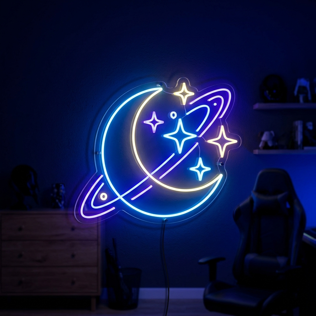 Moon And Stars Neon Sign For Space Man Caves
