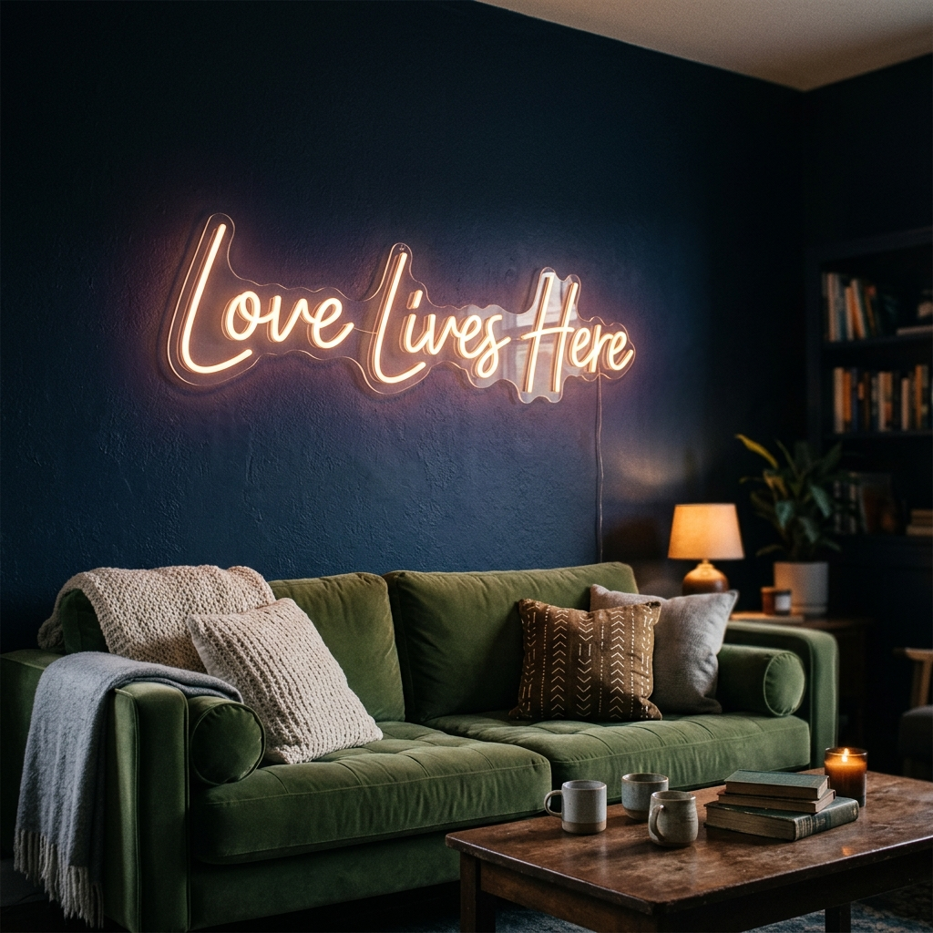 Love Lives Here Neon Sign For Heartfelt Living Rooms