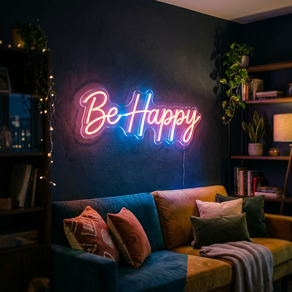 Be Happy Neon Sign For Joyful Living Rooms