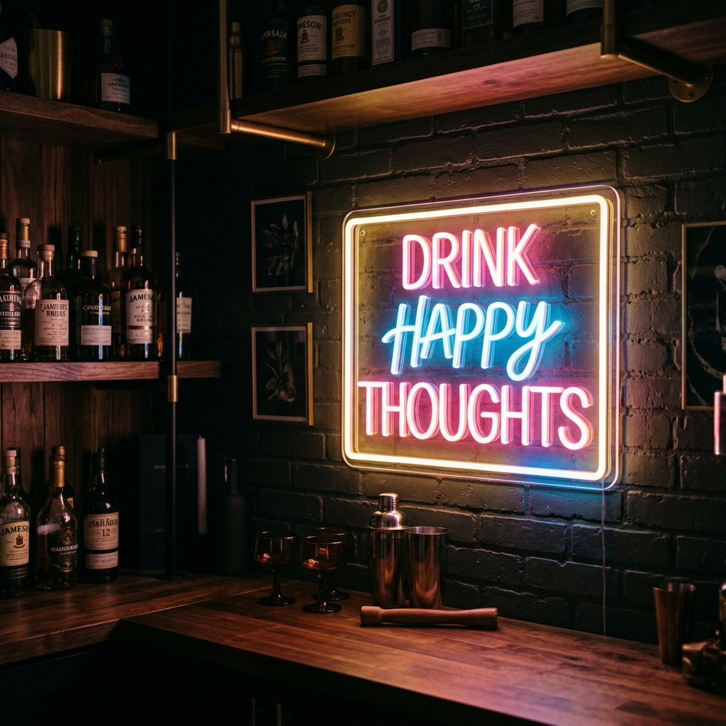 Drink Happy Thoughts Neon Sign For Home Bar