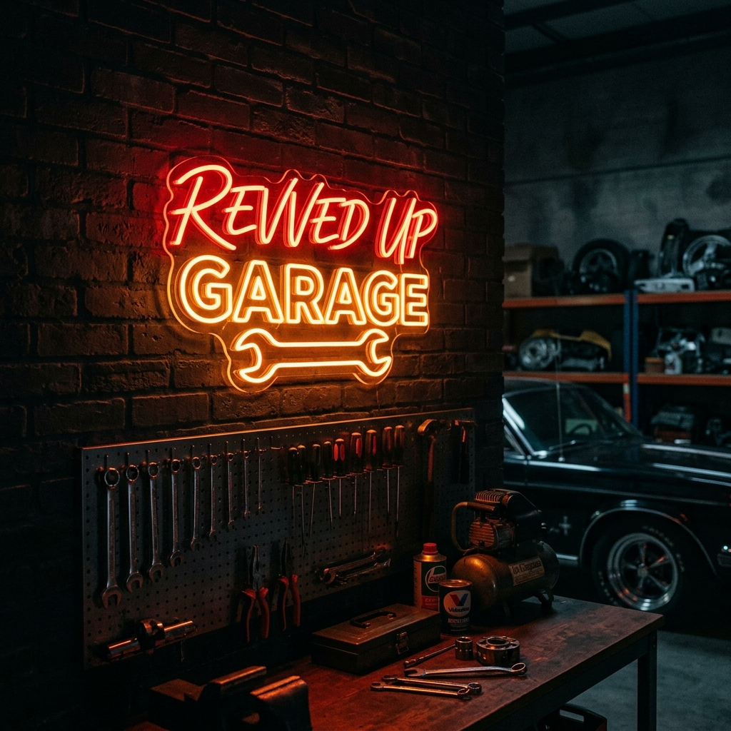 Revved Up Garage Neon Sign For Car Enthusiasts