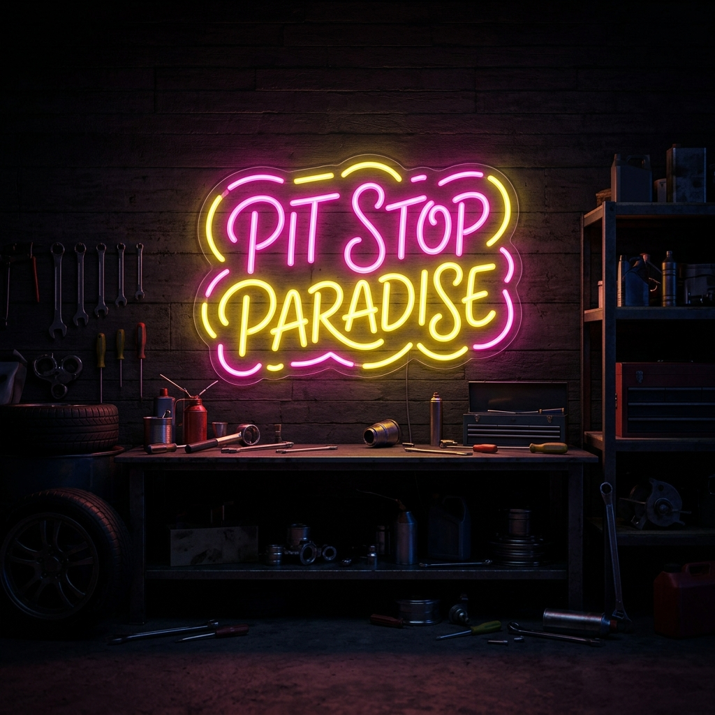 Pit Stop Paradise Neon Sign For Garage Decor