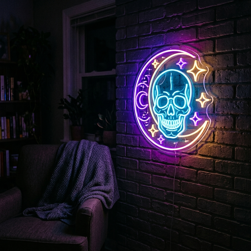 Skull And Moon Neon Sign For Mystical Decor