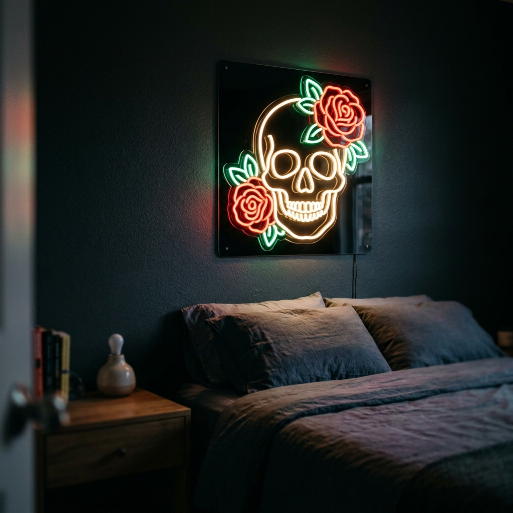 Skull And Roses Neon Sign For Edgy Decor