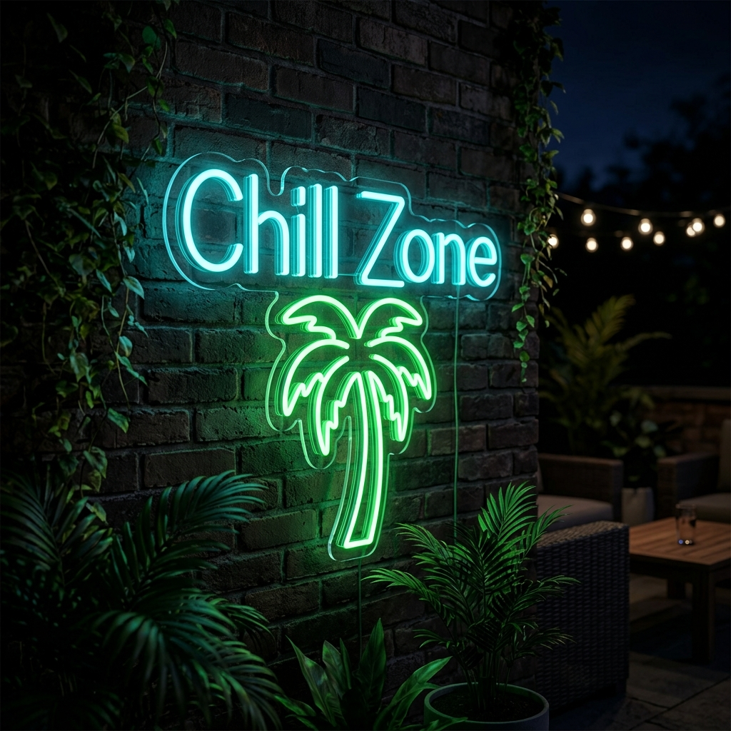 Chill Zone Neon Sign With Palm Tree Graphic