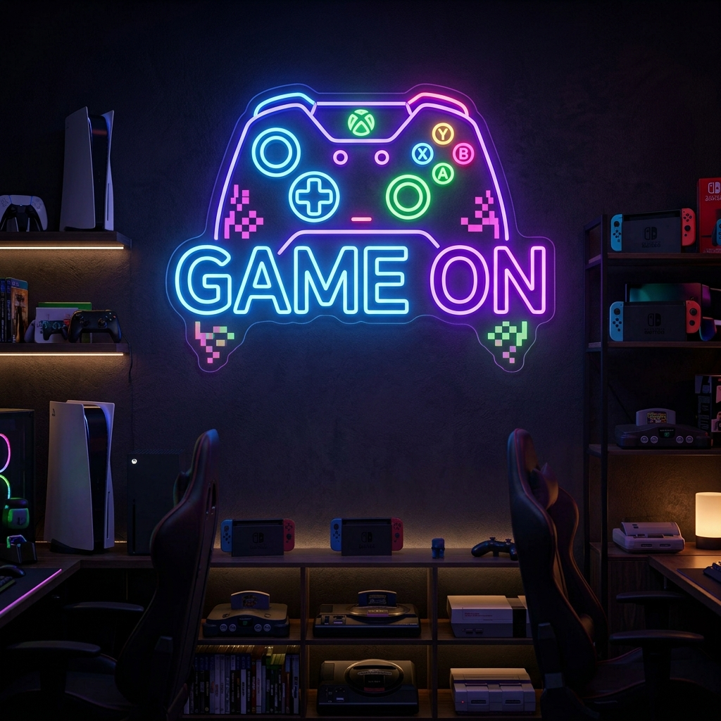 Game On Neon Sign with Controller for Game Rooms