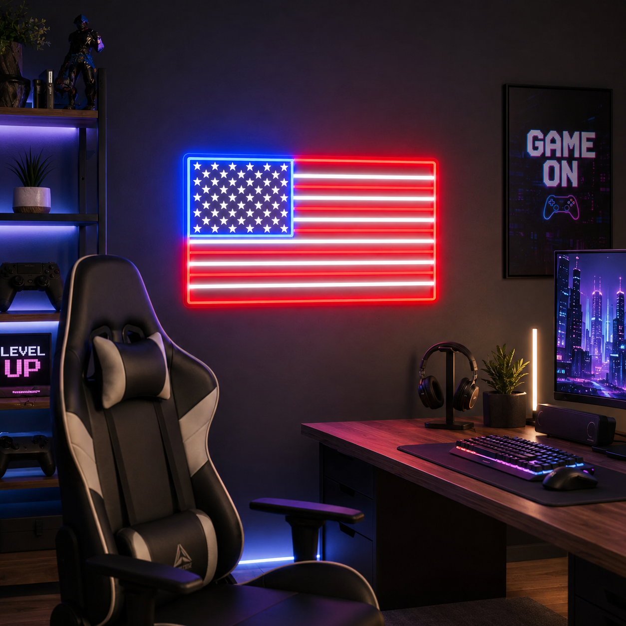 Usa Flag Uv Printed Led Neon Sign, American Flag Neon Wall Art, Patriotic Decor For Man Cave, Garage, Bar & Game Room