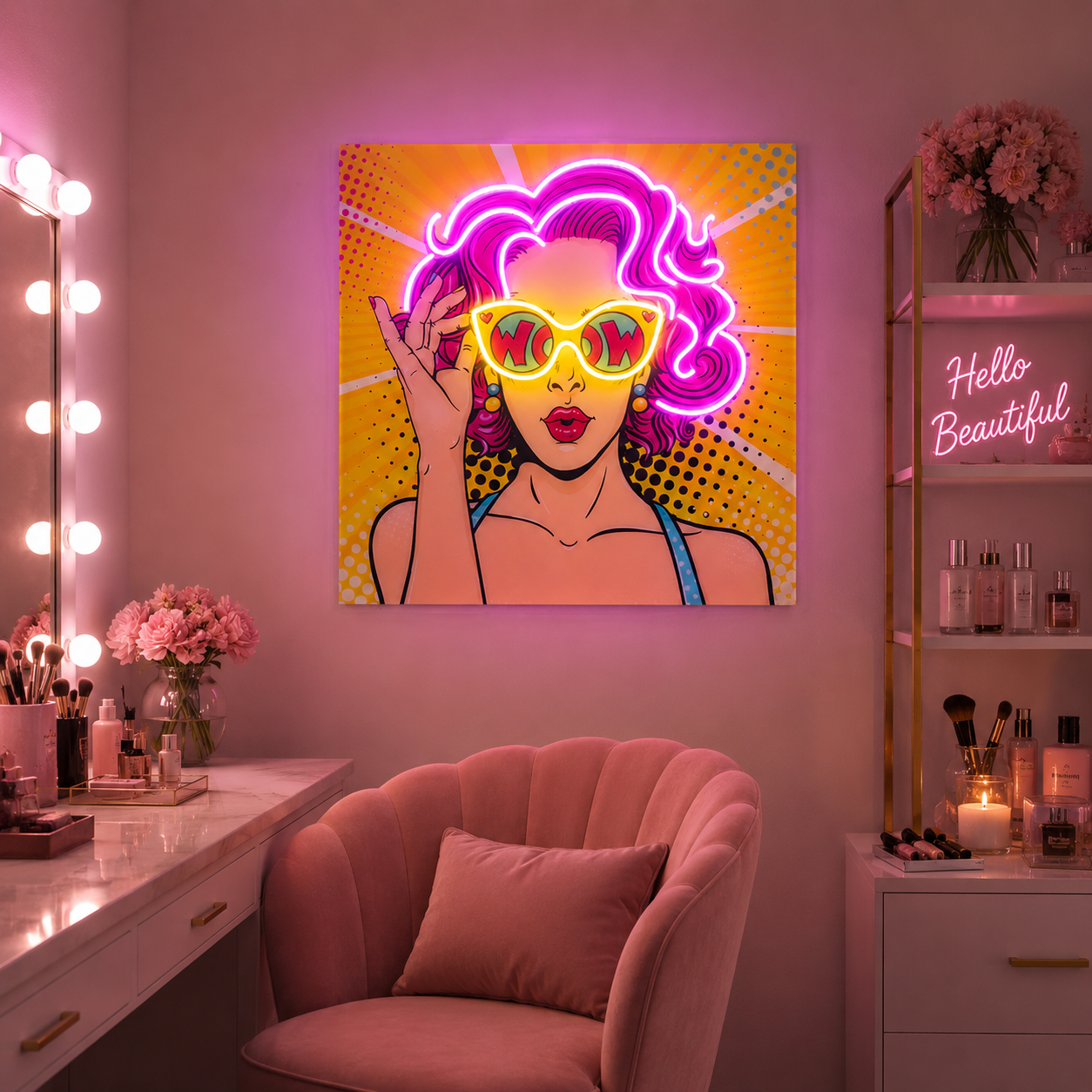 Wow Lady Pop Art Led Neon Acrylic Artwork, Retro Woman Neon Wall Art, Beauty Room & Glam Room Decor