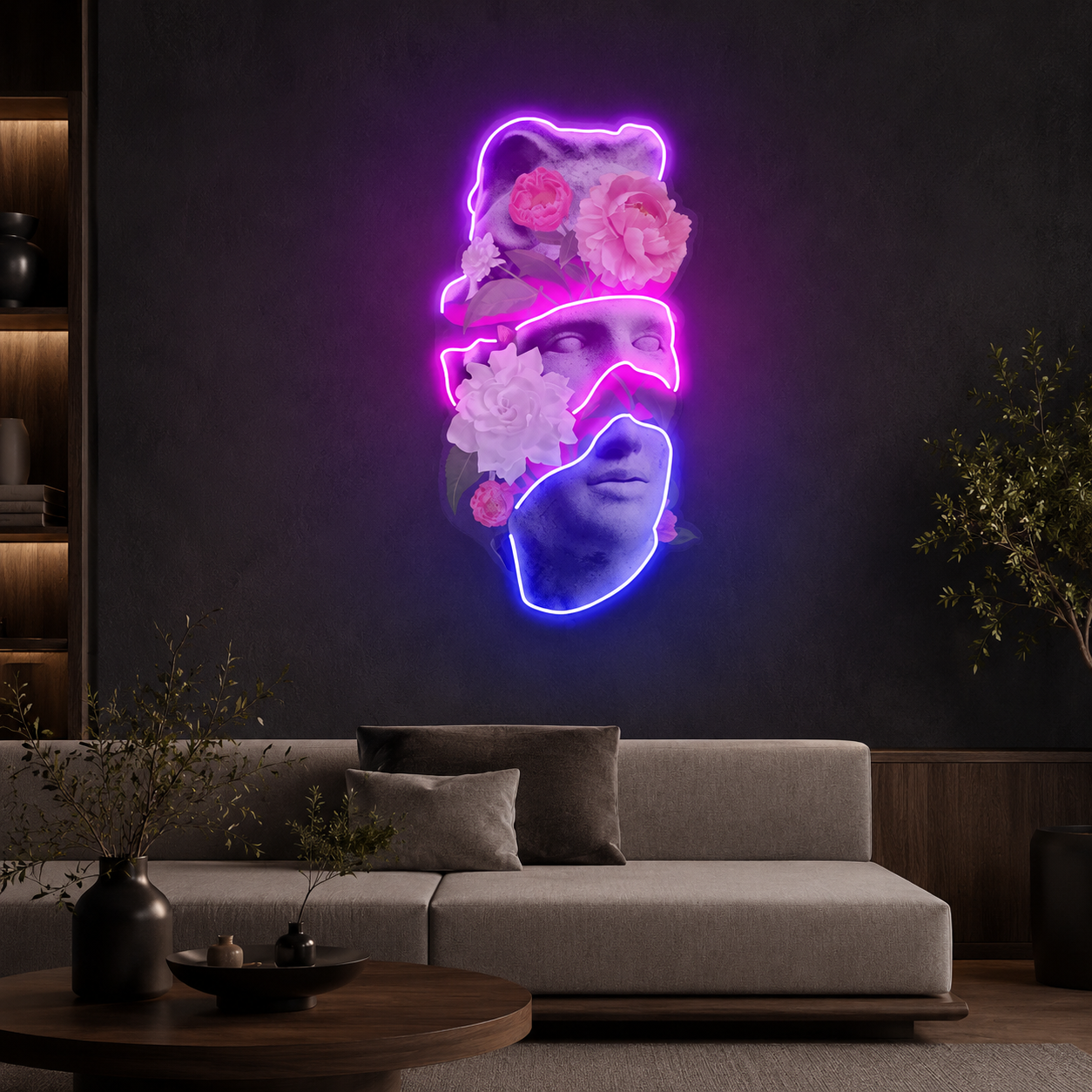 Apollo Flower Head Neon Acrylic Artwork – Surreal Greek Statue Wall Light