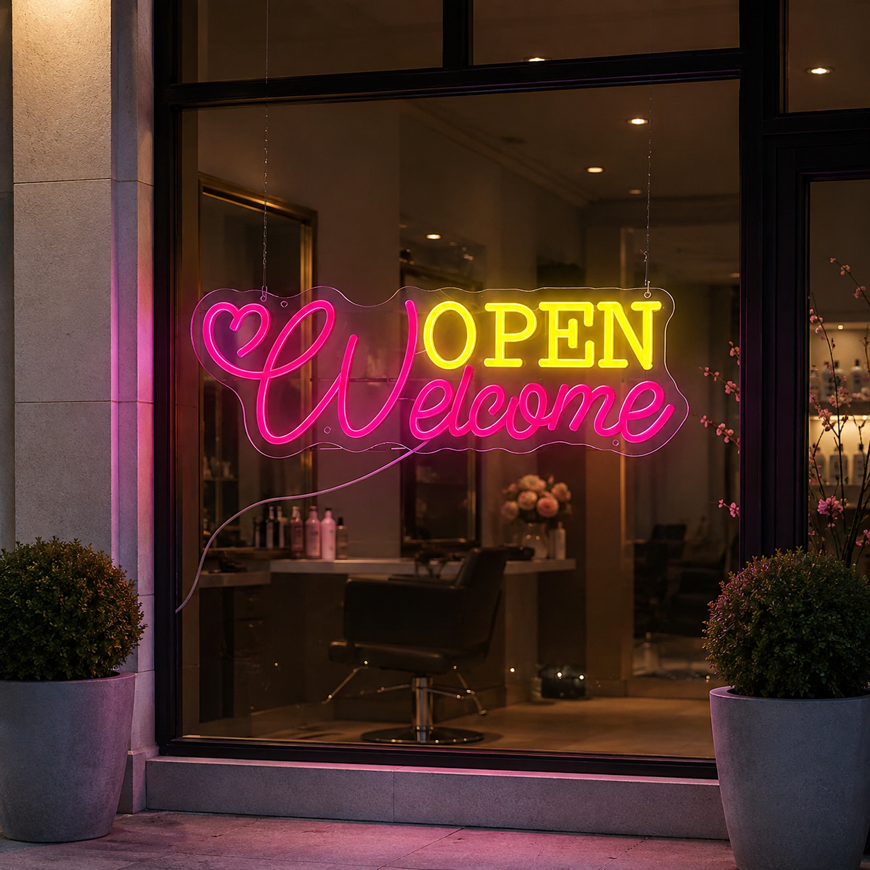 Open Welcome Neon Business Sign – Pink & Yellow Led Wall Decor For Salon, Boutique, Café & Storefront