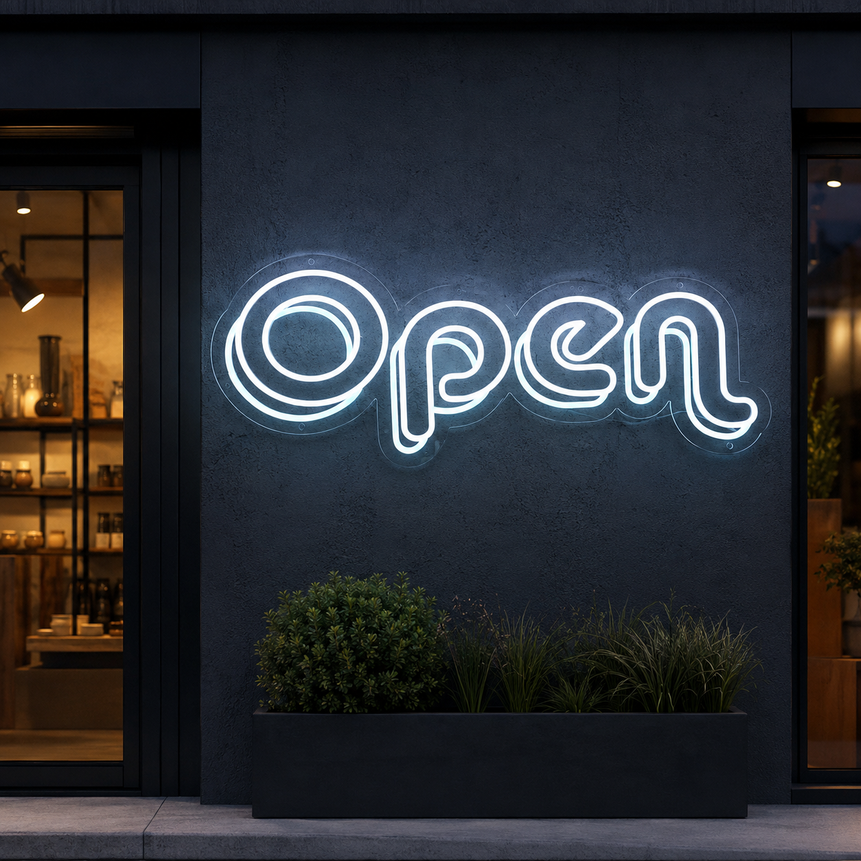 Open White Neon Led Sign – Minimalist Business Wall Decor For Storefront, Café, Salon & Retail Shop