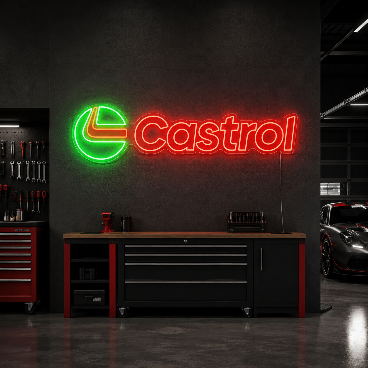Castrol Logo Neon Sign, Vintage Motor Oil Led Wall Light, Automotive Garage Decor, Mechanic Gift