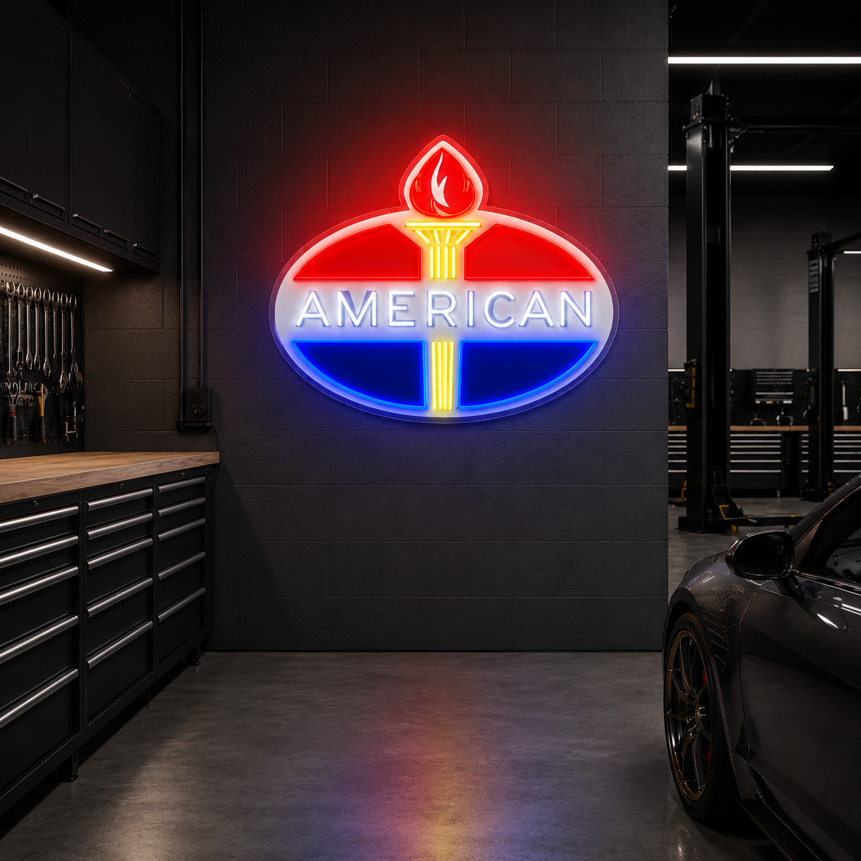 American Gasoline Logo Uv Print Led Neon Sign, Vintage Gas Station Garage Decor, Americana Motor Oil Sign