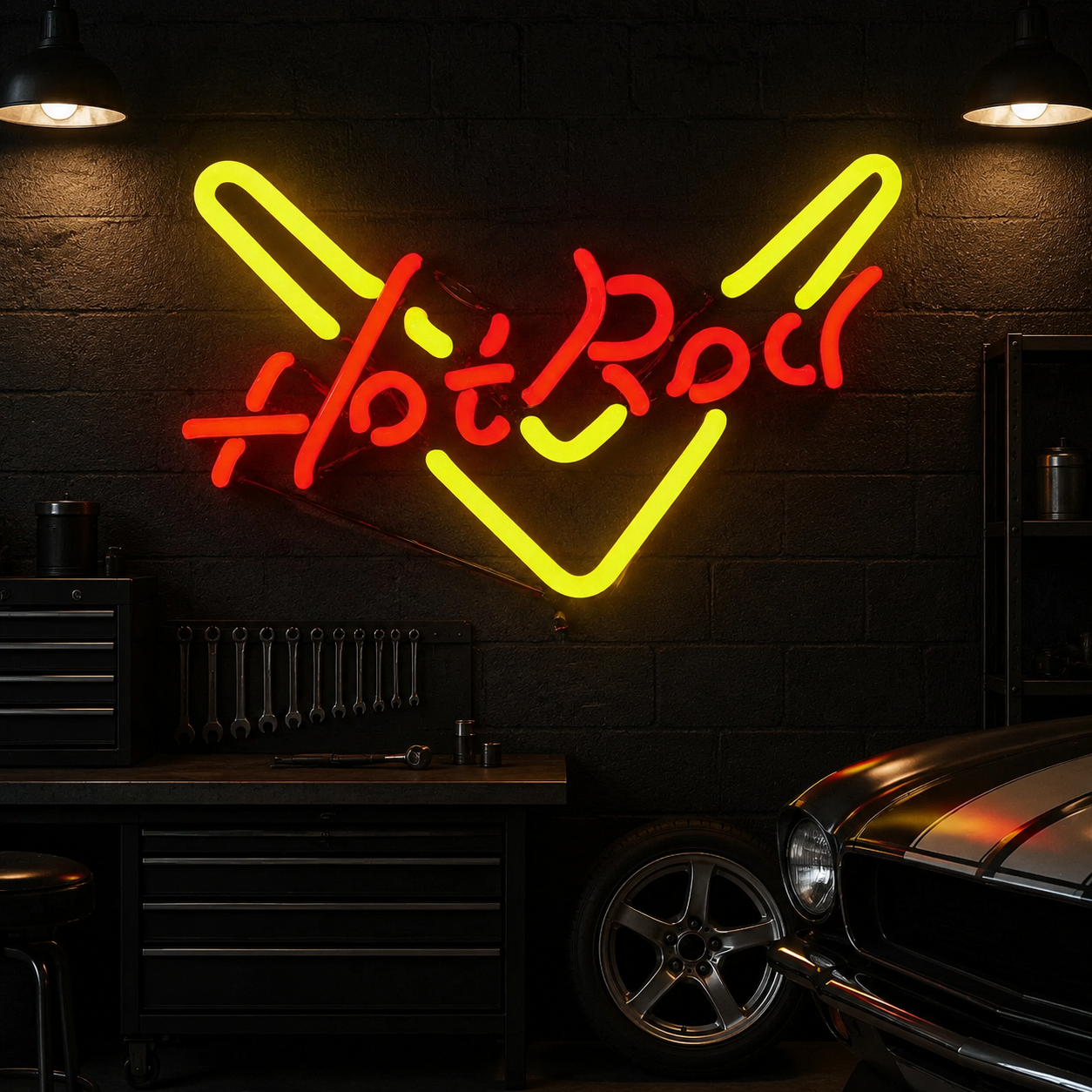 Hot Rod Table Neon Sign, Glass Neon Desk Light, Retro Automotive Garage Decor, Car Lover Gift