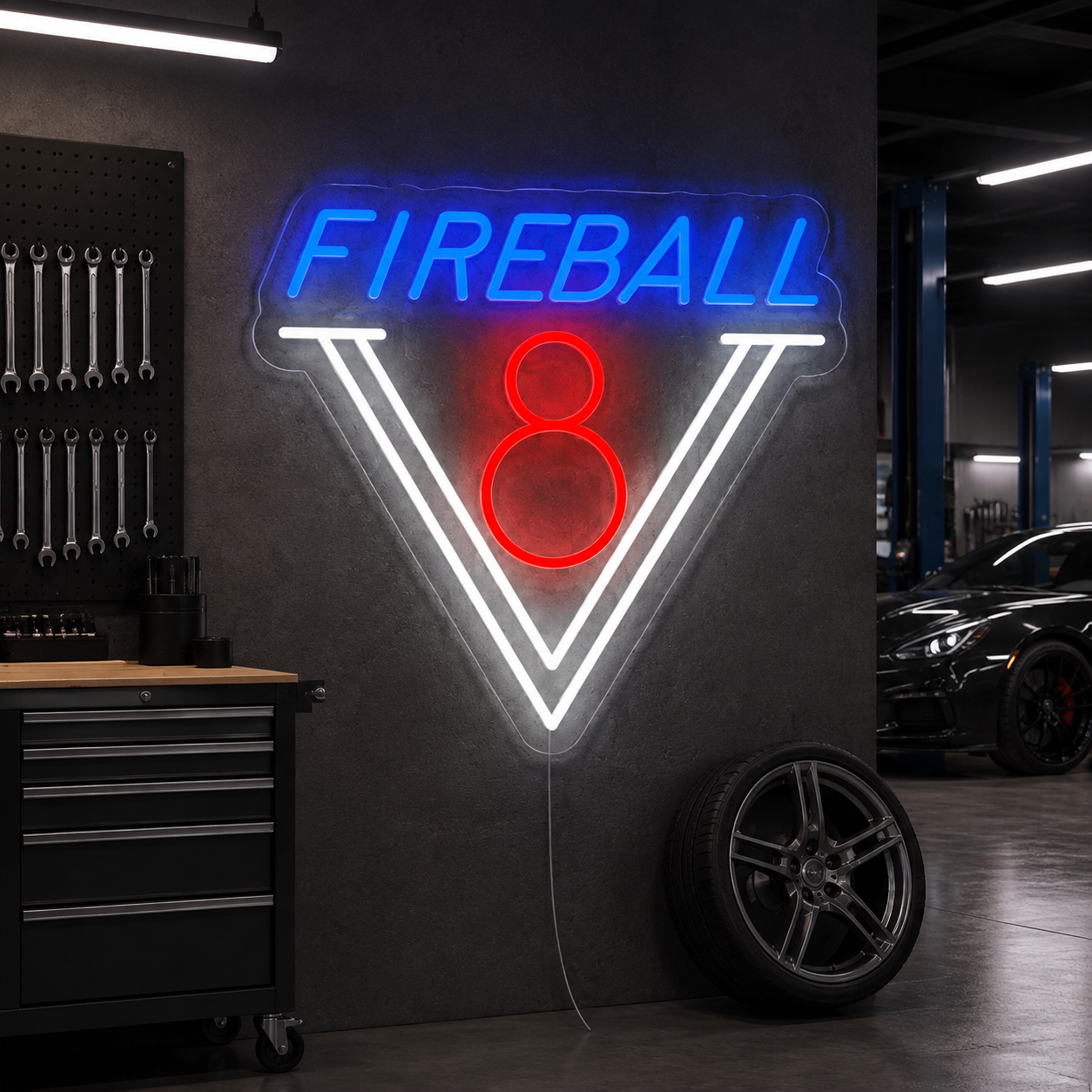 1950s Fireball V8 Neon Sign, Vintage Engine Led Wall Light, Classic Car Garage Decor, Mechanic Gift
