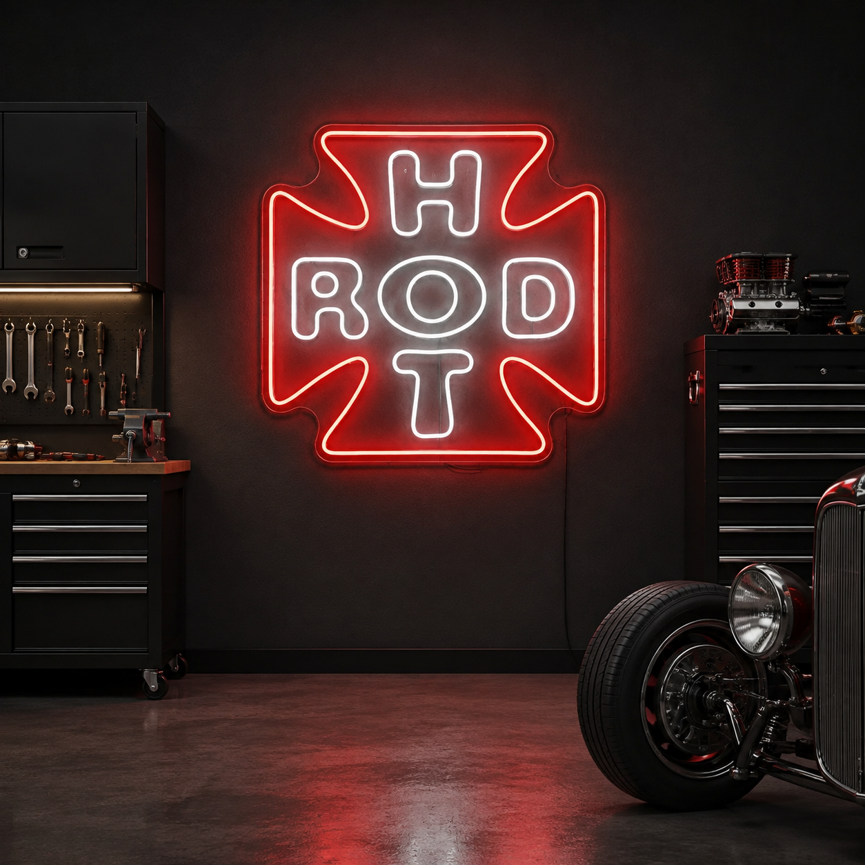 Hot Rod Neon Sign, Vintage Garage Wall Decor, Classic Car Workshop Light, Rat Rod Man Cave Gift For Car Enthusiasts