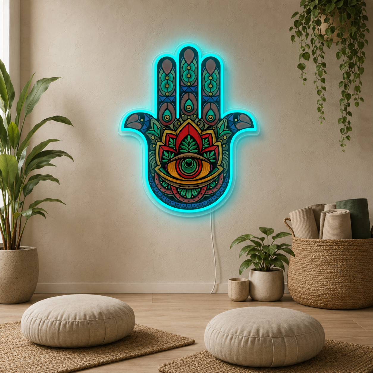 Hamsa Hand Uv Print Neon Sign, Evil Eye Wall Art, Spiritual Led Light, Boho Meditation Room And Yoga Studio Decor