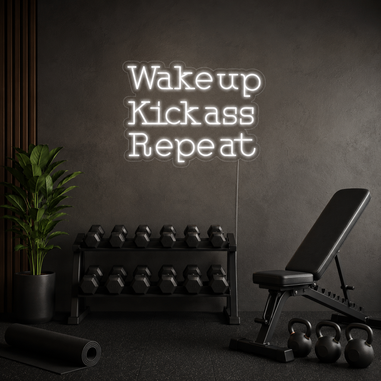 Wake Up Kick Ass Repeat Neon Sign, Motivational Quote Wall Art, Led Home Office Decor, Gym Or Creative Workspace Gift