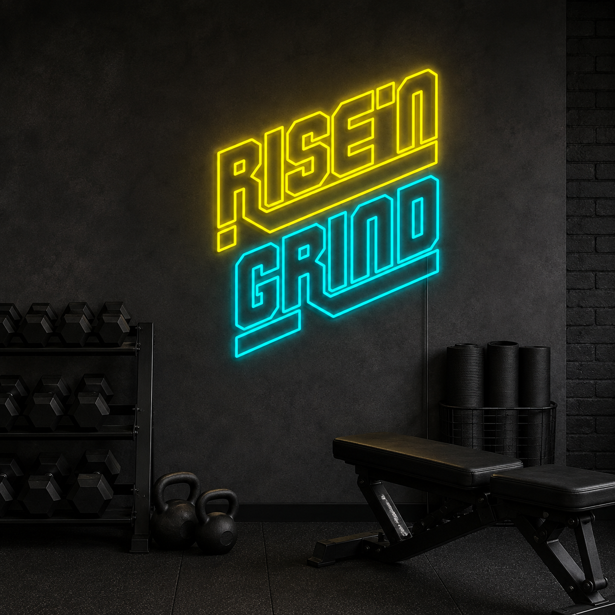 Rise ’N Grind Neon Sign, Motivational Office Wall Art, Led Home Gym Decor, Fitness Studio Light, Entrepreneur Gift