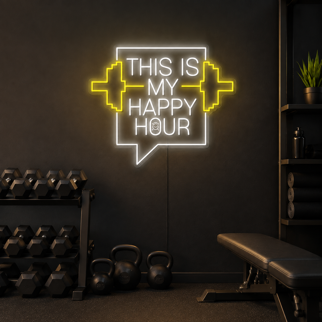 This Is My Happy Hour Neon Sign, Funny Fitness Quote Wall Art, Led Home Gym Decor, Weightlifting Room Light, Gym Lover Gift