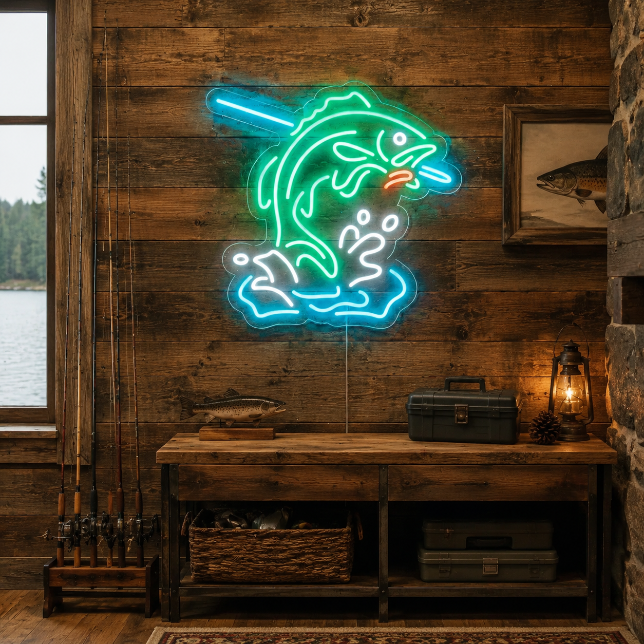 Fish Logo Neon Sign, Colorful Led Fishing Wall Light, Angler Man Cave Decor, Rustic Cabin Bar Accent, Gift For Fishermen