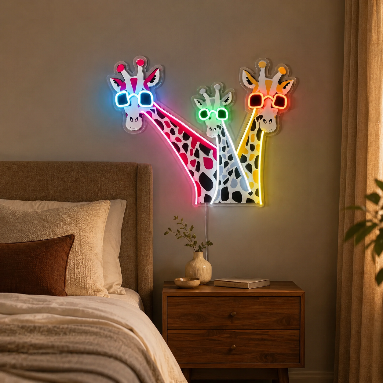Funny Giraffes With Sunglasses Led Neon Sign, Colorful Uv Print Animal Wall Light, Game Room Decor, Teen Bedroom Gift
