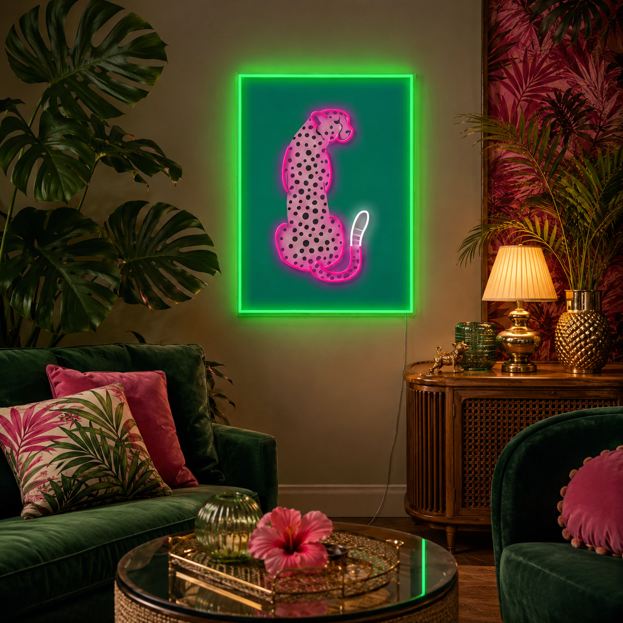 Pink Leopard Uv Print Led Neon Sign, Tropical Cheetah Pop Art, Maximalist Living Room Decor, Glam Home Bar Wall Light