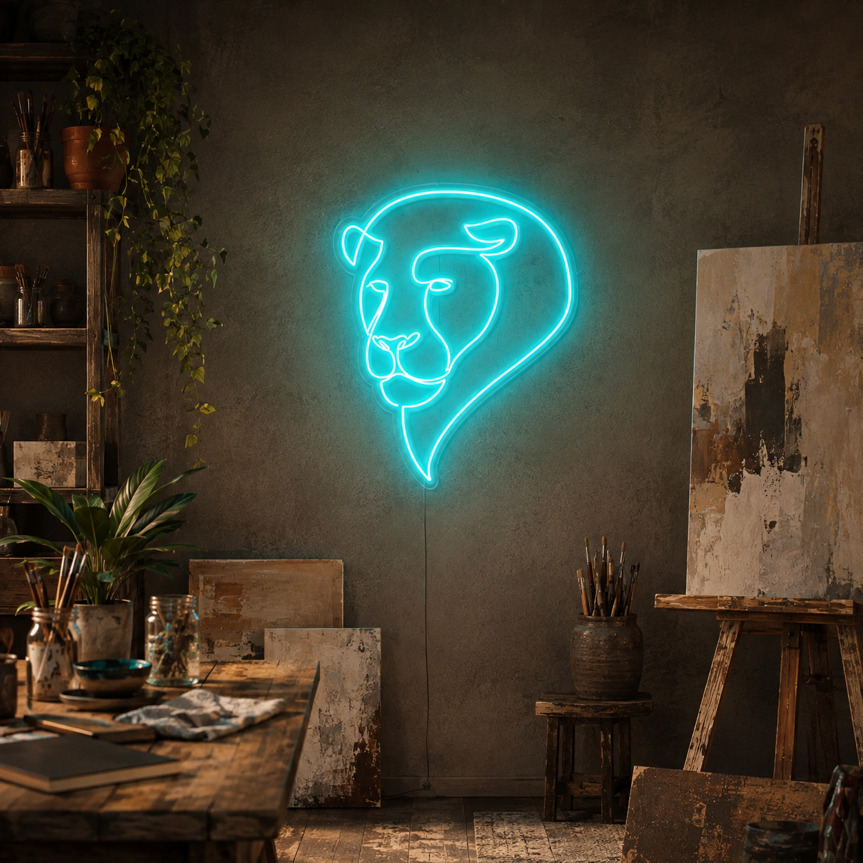 Abstract Lion Face Neon Sign, Minimalist Lion Led Wall Light, Art Studio Living Room Decor, Artist Gift