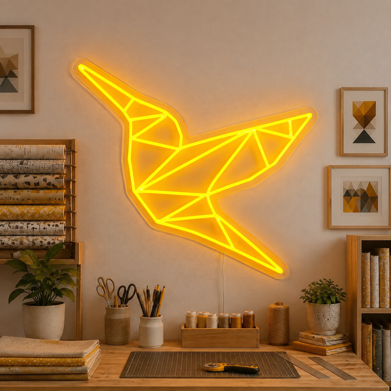 Paper Bird Neon Sign, Origami Bird Led Wall Light, Geometric Art Studio Craft Room Decor, Bird Lover Gift