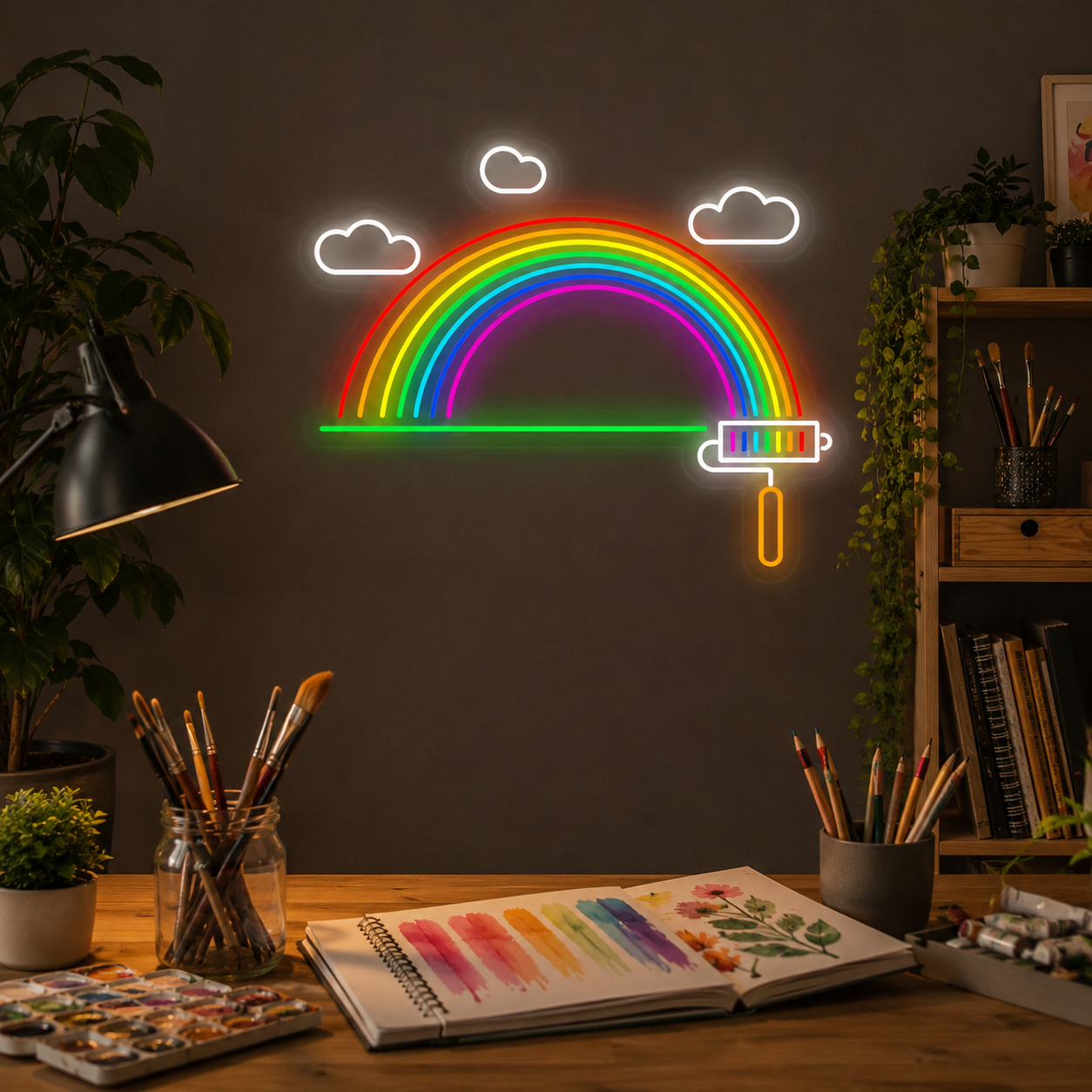 Lgbt Painting Rainbow Neon Sign, Paint Roller Led Wall Light, Lgbtq Creative Studio Art Room Decor, Pride Gift