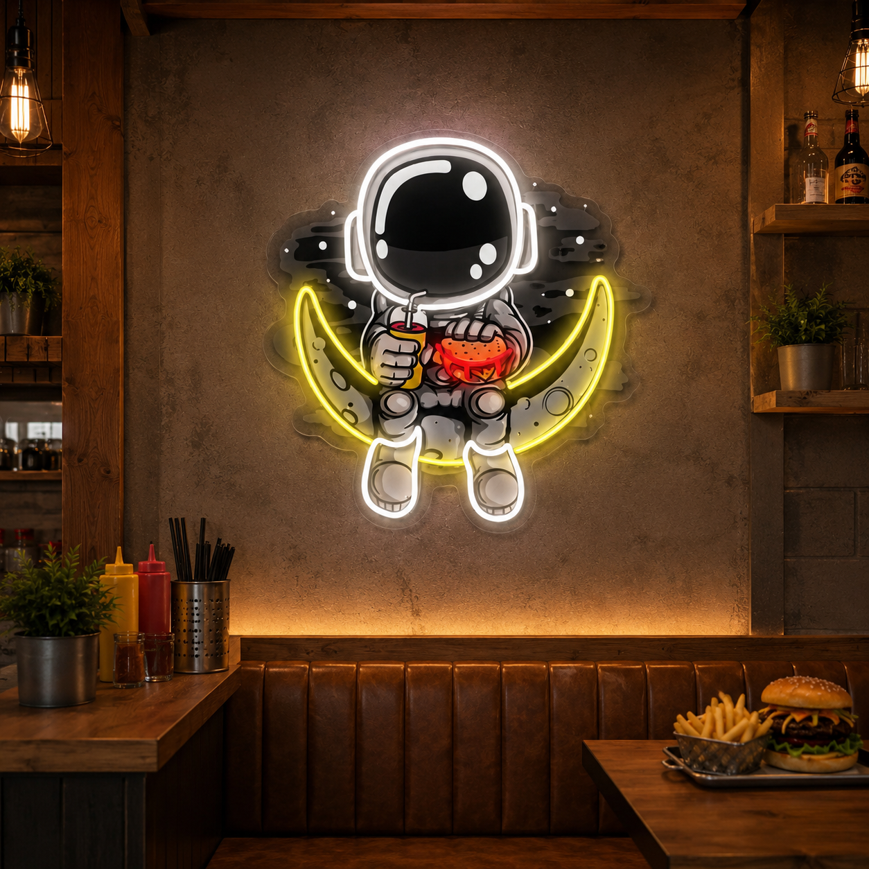 Astronaut Burger Uv Printed Led Neon Sign, Hamburger Wall Light For Burger Restaurant, Fast Food Shop, Diner And Cafe Decor