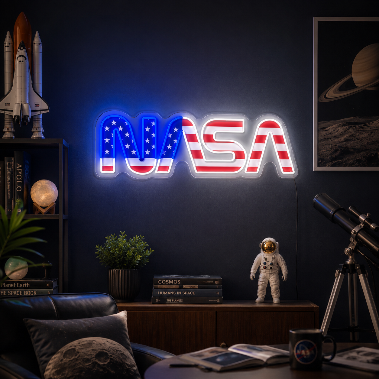 Usa Flag Nasa Logo Uv Print Led Neon Sign, Patriotic Space Wall Light For Home Office, Space Themed Room And Astronaut Gift