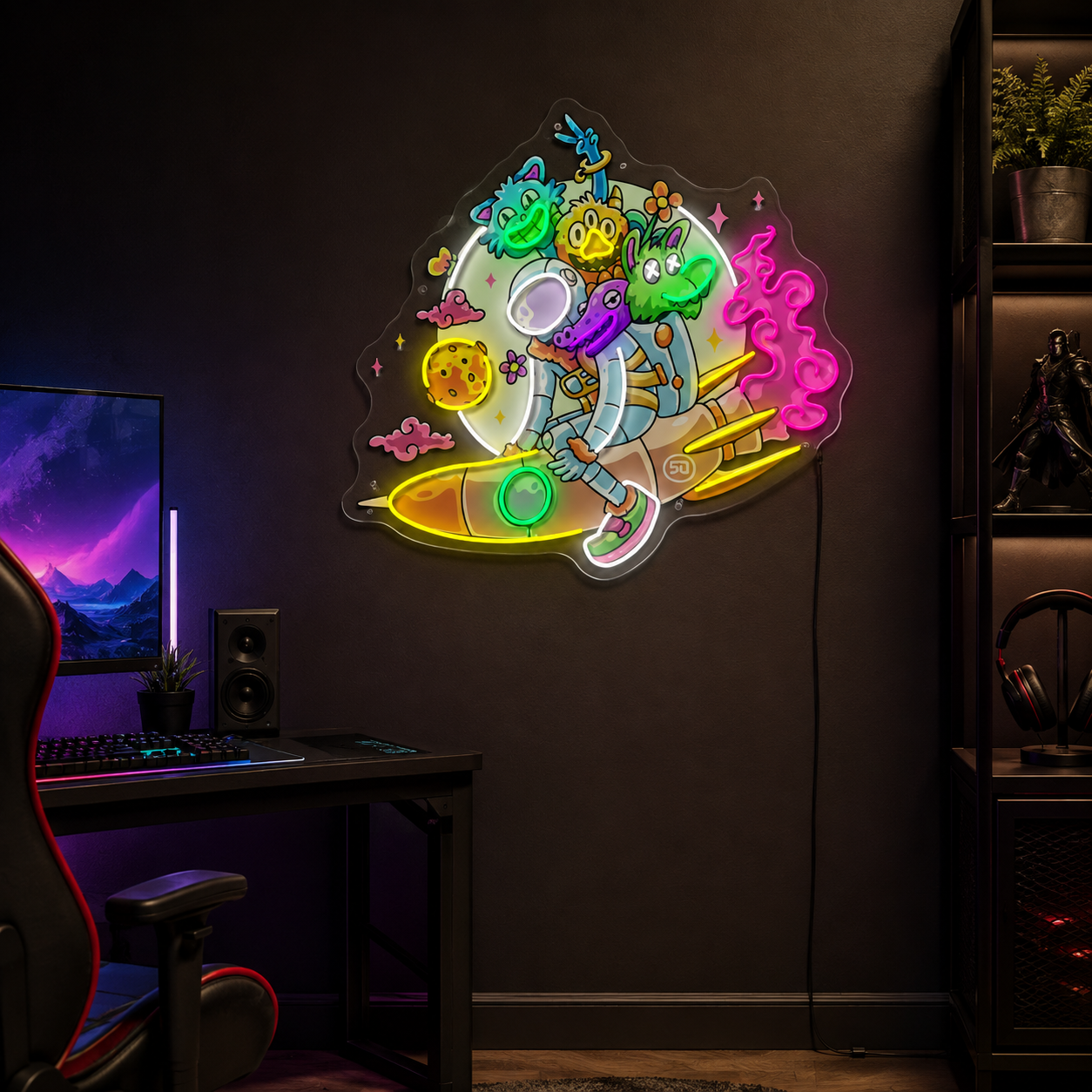 Astronaut Spaceman Uv Print Led Neon Sign, Colorful Rocket And Alien Neon Wall Art For Teen Bedroom, Gaming Room And Space Lover Gift
