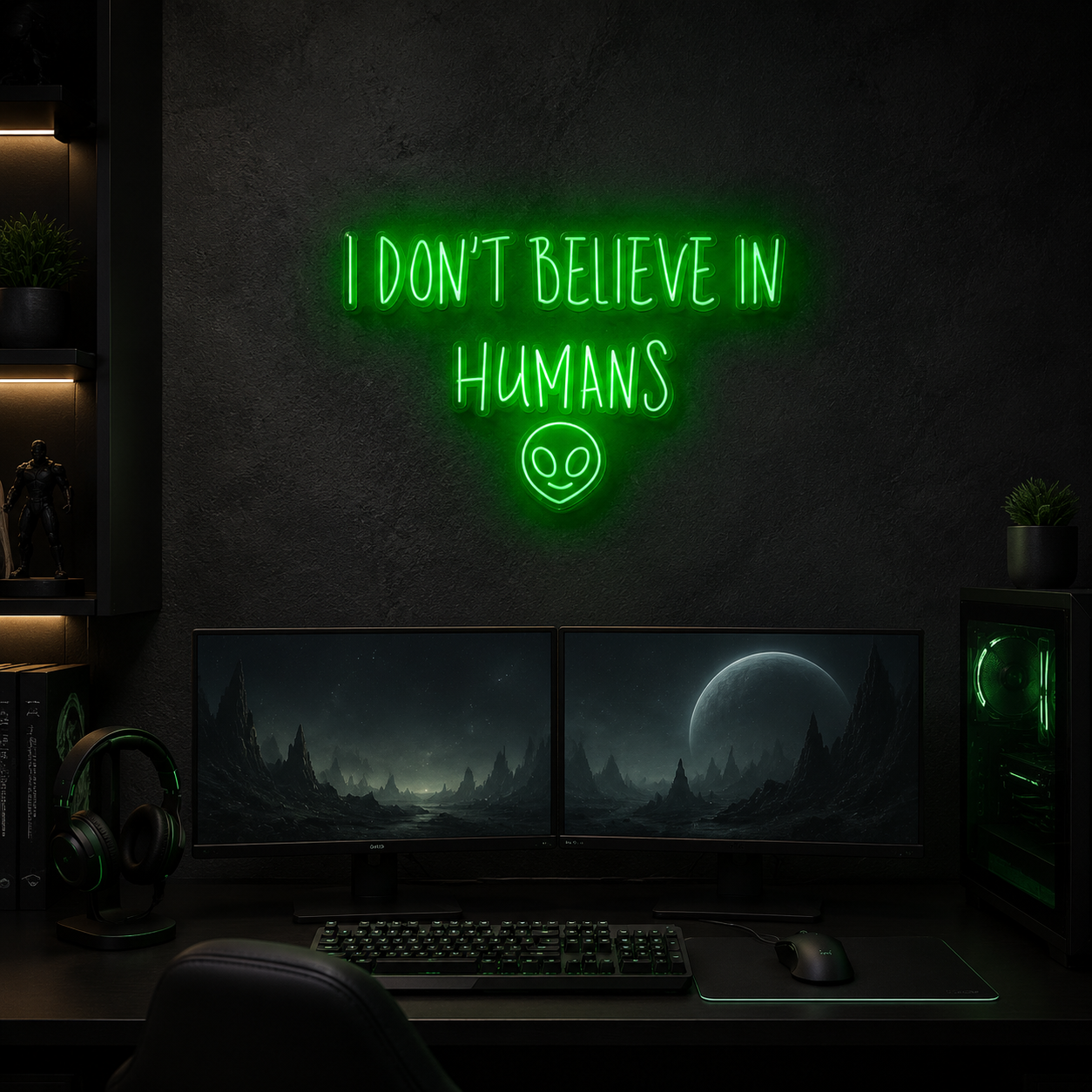 I Don'T Believe In Humans Neon Sign, Funny Green Alien Quote Neon Wall Light For Gaming Room, Man Cave, Dorm And Ufo Lover Gift