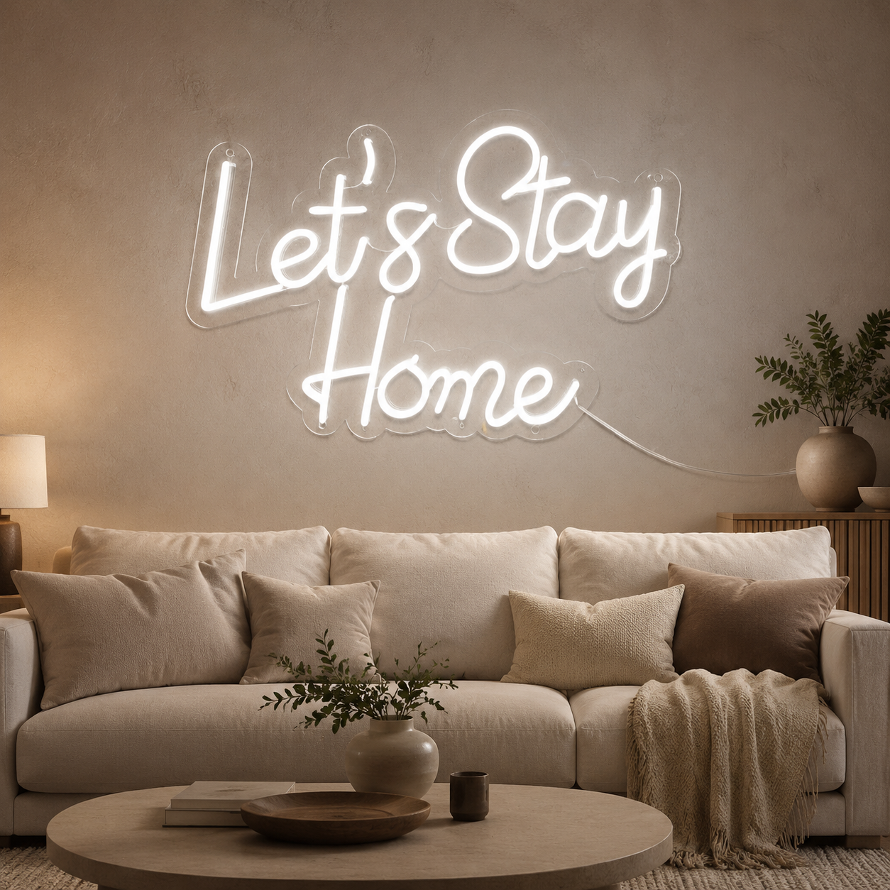 Let'S Stay Home Neon Sign, Cozy Living Room Wall Decor, White Script Led Light, Housewarming Wedding Gift For Couples