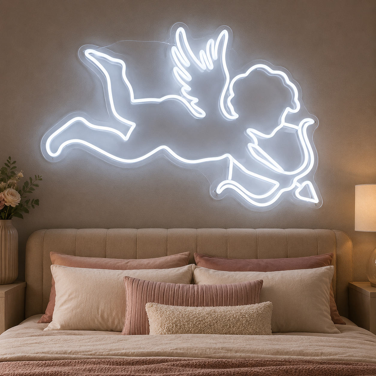 Cupid Neon Sign, White Angel Bedroom Wall Decor, Romantic Wedding Led Light, Valentine’S Day DéCor, Gift For Couples