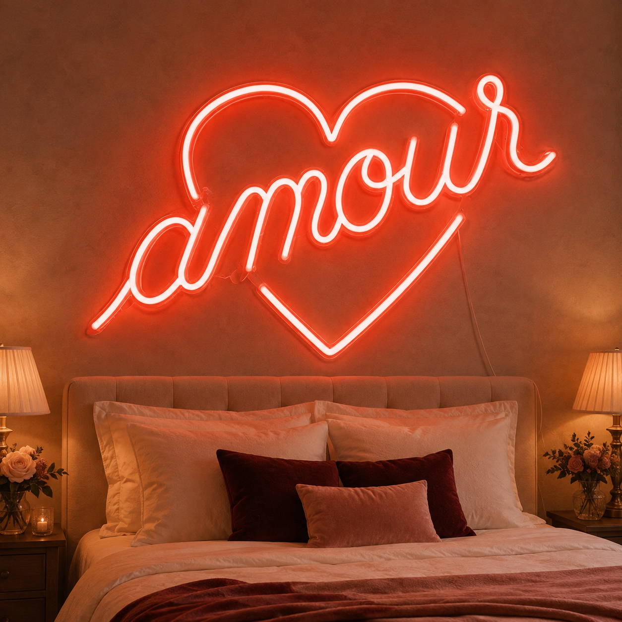 Amour Heart Neon Sign, Red Romantic Bedroom Wall Decor, French Love Led Light, Wedding Backdrop, Anniversary Gift For Couples