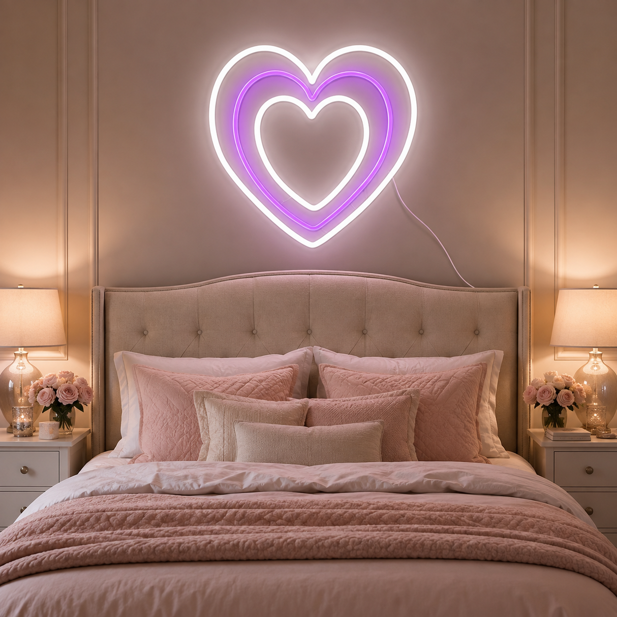 Triple Heart Neon Sign, Purple Romantic Bedroom Wall Decor, Girls Room Led Light, Wedding Backdrop, Anniversary Gift For Couples