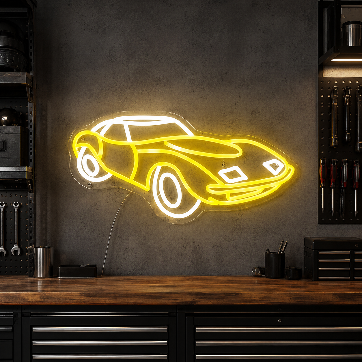 Sports Car Neon Sign, Yellow Automotive Led Wall Art, Classic Car Neon Light For Garage, Man Cave Or Racing Game Room Decor